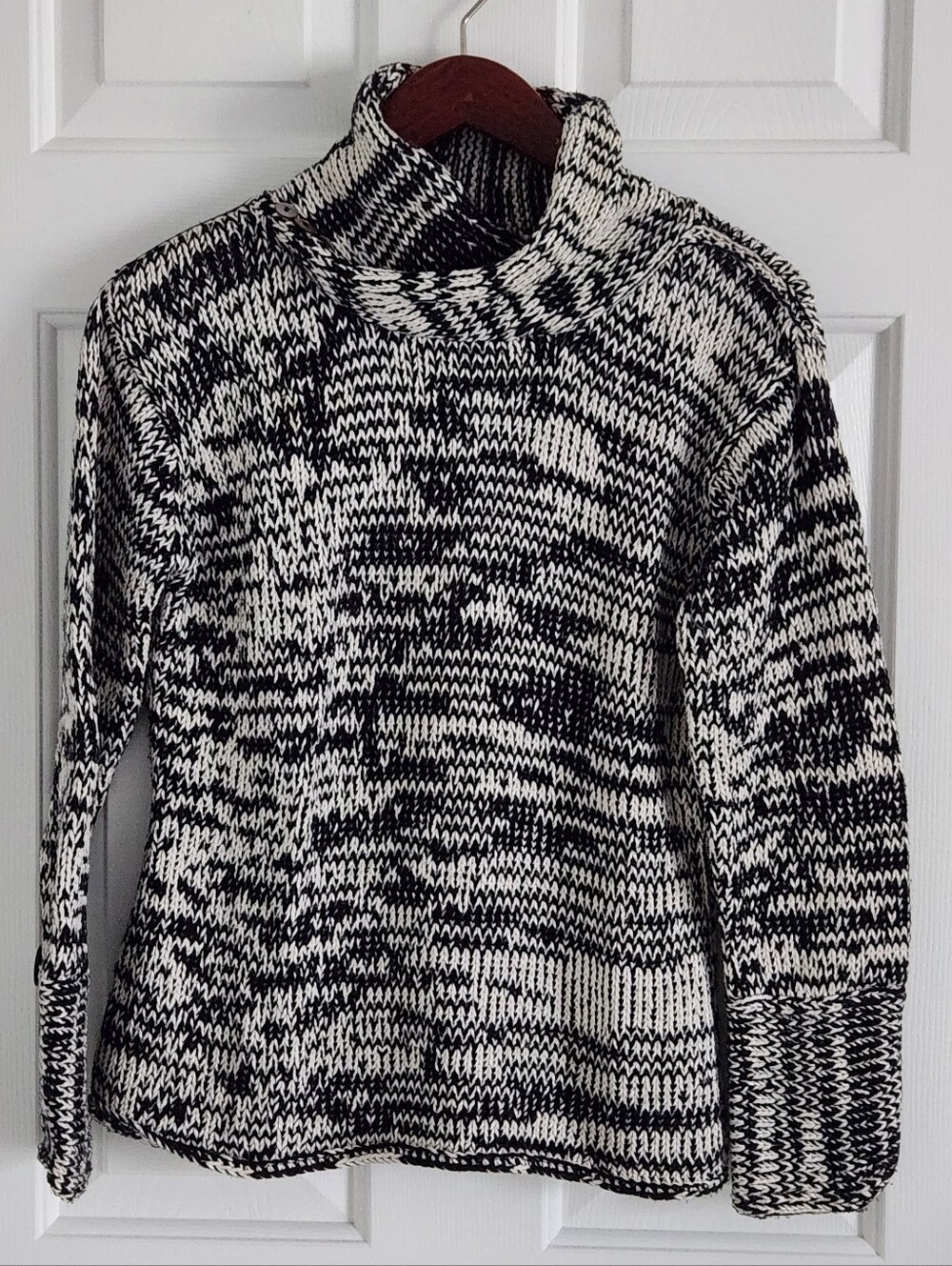 Pure Handknit 100% Cotton Black and White Marled Shawl Collar Sweater